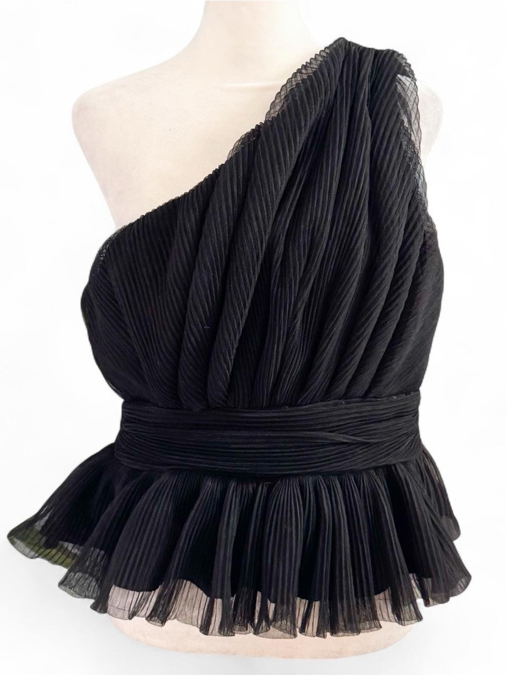 Endless Rose Black One-Shoulder Pleated Peplum Top